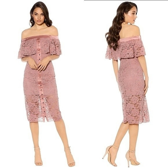 Keepsake The Label Blush Star Crossed Off Shoulder Lace Midi Mauve Dress - Picture 3 of 13